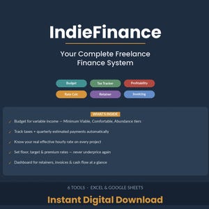 Puede incluir: Gráfico de descarga digital para IndieFinance, un sistema de finanzas para autónomos. La imagen presenta el texto "IndieFinance" y "Your Complete Freelance Finance System". Incluye botones para Presupuesto, Tax Tracker, Rentabilidad, Rate Calc, Retainer e Invoicing.