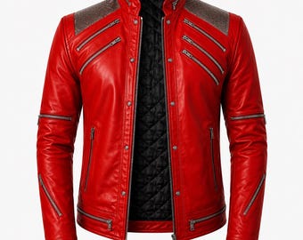 Chaqueta de cuero roja inspirada en Michael Jackson, chaqueta motera de estrella del pop de los 80 hecha a mano, regalo de disfraz de cosplay para él.