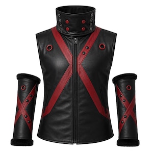 May include: Black leather vest with red cross-shaped detailing and a high collar. Includes matching arm cuffs with red accents and black faux fur trim. Features a zip closure and decorative rivets.