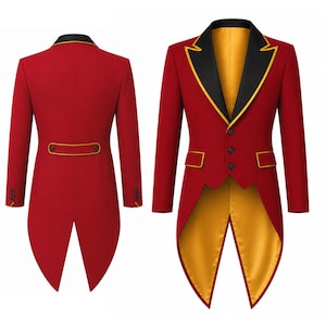 May include: A red tailcoat jacket featuring a black lapel with yellow piping, three front buttons, two flap pockets, and a yellow satin lining. The back view displays a horizontal waist tab with yellow piping and a split tail design.