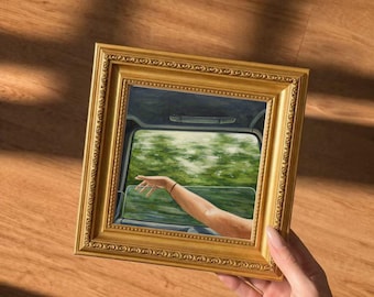Original hand out window Oil Painting, Small painting, 4x4 6x6 mini Canvas Artwork,7x7 Framed modern, road trip moment, cozy wall art