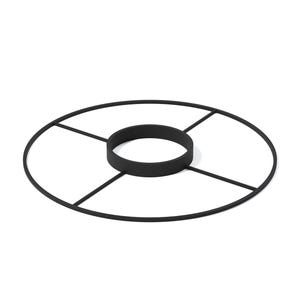 May include: A black metal lampshade frame with a circular design. The frame features a central ring and radiating spokes, creating a geometric pattern. The minimalist design is suitable for various home decor styles.