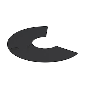 May include: A black, semi-circular object with a cut-out center and a small oval hole. The object is made of a solid, matte material and is set against a white background. The shape suggests it could be a decorative element or part of a larger design.