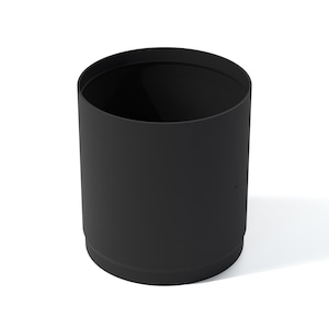May include: A cylindrical, black container with a rounded base and a smooth, matte finish. The interior is dark, contrasting with the exterior. The container is empty and sits on a white surface. The design is simple and modern.