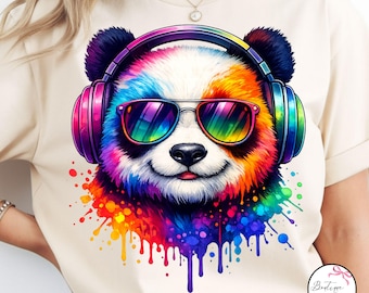 Panda PNG, Tęczowa Panda Clipart, Projekt Muzycznego Zwierzątka, Projekt Sublimacji, Sztuka DJ Panda, Natychmiastowe Pobieranie