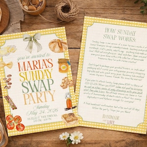 Invitación para intercambio dominical / Invitación para fiesta con ambiente de mercado de agricultores (plantilla editable de Canva)