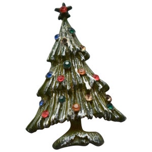 Mid-Century Large Snow Covered Green Enamel Christmas Tree Rhinestone Pin / Brooch - TLC