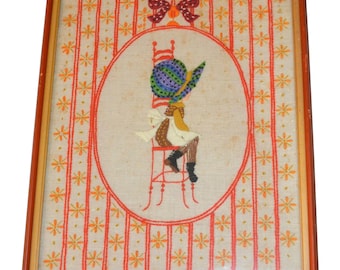 c1975 Large 21 x 18" Holly Hobbie Hand Embroidery Folk Art in Orange Wood Frame