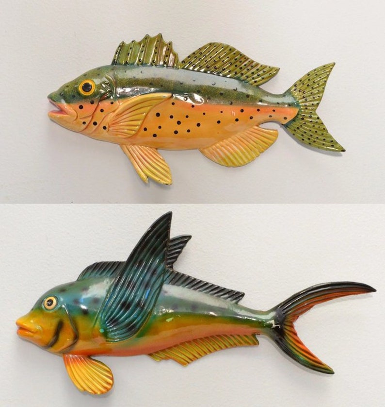 Set of 2 Cool Colorful Paper Mache Fish Wall Hanging Decor Etsy