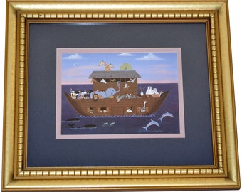 Colleen Sgroi Noah's Ark w/ Animals Religious Folk Art Print in Wood Frame