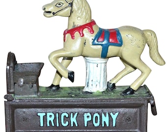 Painted Cast Iron TRICK PONY Victorian Revival Collector's Edition Mechanical Horse Bank
