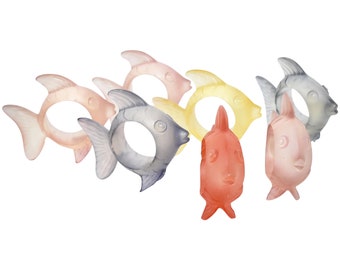 Set of 7 Colorful Frosted Lucite Fish Figural Napkin Holder Rings