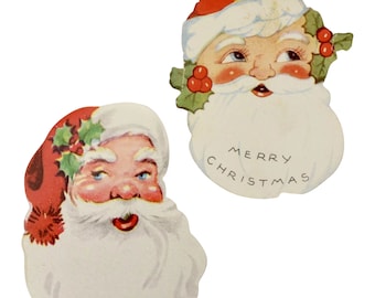Vintage Set of 2 Christmas Santa Colorful Paper Die-Cut Gift Labels