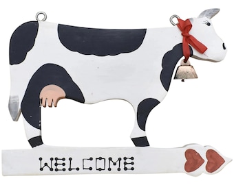 Primitive Style "Welcome" Country Greetings Handcrafted Milk Dairy Cow w/ Working Bell Ponderosa Pine Wood Sign