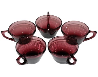 Hazel Atlas Set of 5 Purple Amethyst Glass Moroccan Tea, Party, Punch, Beverage Cups