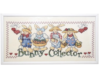 Handcrafted 'Bunny Collector' Needlepoint Art Country Cottage / Farm Rabbits & Hearts Folk Art in Frame