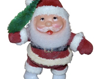 Mid-Century Red & White Flocked Santa Claus w/ Green Bottled Brush Tree Christmas Ornament