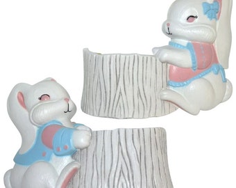 Burwood Products Pair of Boy Girl Bunny Rabbit for Easter or Baby Nursery Wall Hanging Decor Planters