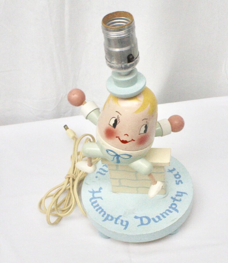 Nursery Plastics Humpty Dumpty Nursery Rhyme Painted Wood Folk Art Child/'s Bed Table Accent Lamp