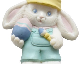 Vintage 1980s Hallmark Cards Painter Bunny Rabbit in Coveralls & Hat Painting an Easter Egg Figural Pin