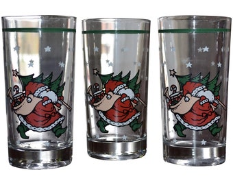 Set of 3 Jolly Christmas Santa w/ Tree & Gifts Tumbler Drinking Glasses