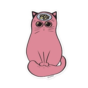 May include: A pink cat sticker with a black outline. The cat has large, round eyes and a small bowl on its head filled with noodles. The sticker has a white background and the artist's signature is in the bottom right corner.