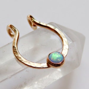 blue opal faux septum ring gold filled, fake septum piercing, hammered septum hoop no piercing required, gold septum cuff, 18 gauge