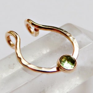 fake gold filled septum ring with peridot stone, faux nose hoop, no piercing required septum cuff, august birthstone gift for leo or virgo