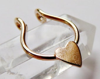 gold heart fake septum ring, faux septum piercing in gold filled, gold filled heart clip on septum hoop no piercing required, heart jewelry