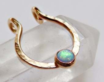 blue opal faux septum ring gold filled, fake septum piercing, hammered septum hoop no piercing required, gold septum cuff, 18 gauge