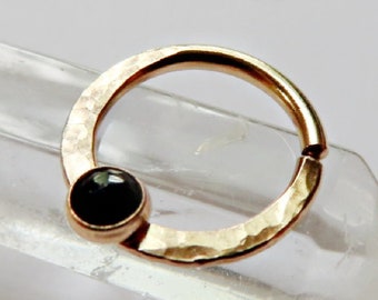 gold filled onyx septum ring, black stone hammered septum hoop in 8mm, 9mm, 10mm diameter, 20 gauge, 18 gauge, 16 gauge gothic septum hoop