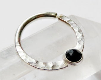 onyx septum ring in sterling silver, 16 gauge, 18 gauge, 20 gauge, 8, 9, and 10mm in diameter, gemstone gothic septum ring, black and white