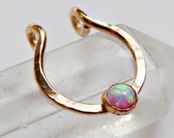 purple opal faux septum ring gold filled, fake septum piercing, hammered septum hoop no piercing required, gold septum cuff, 18 gauge