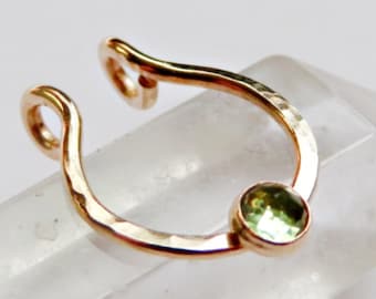 fake gold filled septum ring with peridot stone, faux nose hoop, no piercing required septum cuff, august birthstone gift for leo or virgo