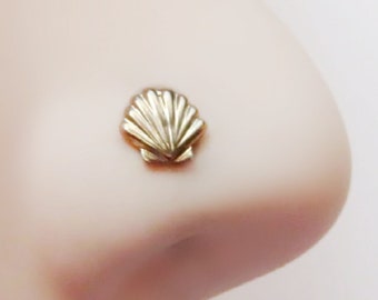 seashell nose ring 14k gold filled, small L shape honey bee nose stud in gold filled, 6mm long minimalist nose stud with small gold seashell