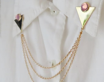 triangle collar pins with pink stones, gold lapel pins, opal sweater pins, collar pins with chains, 3 chains collar pins, geometric brooches