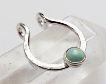 faux septum ring in sterling silver with turquoise gemstone, fake nose hoop, no piercing needed clip on septum jewelry in snug or loose