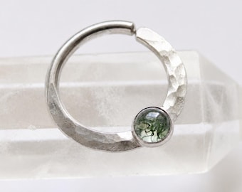 Sterling silver septum ring with Moss Agate, hammered silver septum ring, septum hoop piercing available in 20, 18, and 16 gauge