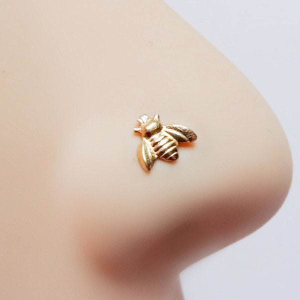 bee nose ring 14k gold filled, small L shape honey bee nose stud in gold filled, 6mm long minimalist nose stud with tiny gold filled bee