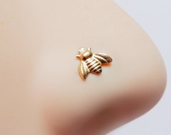 bee nose ring 14k gold filled, small L shape honey bee nose stud in gold filled, 6mm long minimalist nose stud with tiny gold filled bee