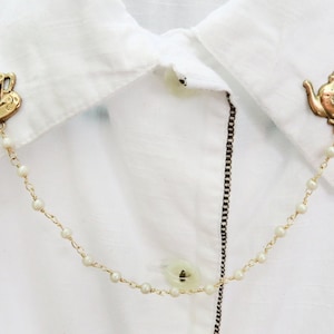 brass teapot collar pins pearl chain, collar chain, collar brooch, lapel pin, teapot pin, tea cup brooch, teapot brooch, tea cup pin