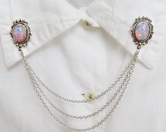 pink opal collar pins in silver, collar chain, collar brooch, lapel pin, pink opal pin, pink opal brooch