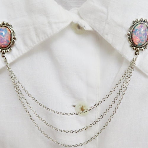 pink opal collar pins in silver, collar chain, collar brooch, lapel pin, pink opal pin, pink opal brooch