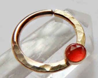 hammered carnelian septum ring gold filled, orange stone hammered septum hoop in 8mm, 9mm, 10mm diameter, 20 gauge, 18 gauge, 16 gauge