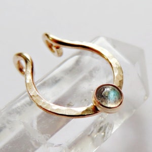 faux septum ring in gold filled with labradorite stone, adjustable fake nose hoop, no piercing needed clip on septum ring, snug or loose image 1