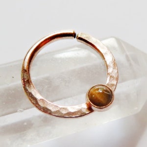 tigers eye septum ring 14k rose gold filled, gemstone hammered septum hoop, 8mm, 9mm, 10mm diameter, 20 gauge, 18 gauge, 16 gauge, tigereye