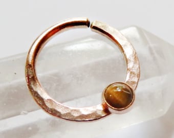 tigers eye septum ring 14k rose gold filled, gemstone hammered septum hoop, 8mm, 9mm, 10mm diameter, 20 gauge, 18 gauge, 16 gauge, tigereye