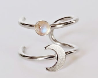 Double ear cuff in sterling silver with moon and moonstone: No piercing required