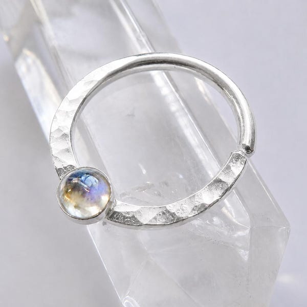 moonstone septum ring, sterling silver septum ring, hammered septum ring, stone nose ring,  gemstone septum ring, small septum ring