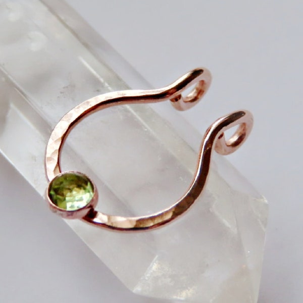 fake septum ring in rose gold with a peridot stone, faux nose hoop, no piercing required septum jewelry in snug fitting or loose fitting